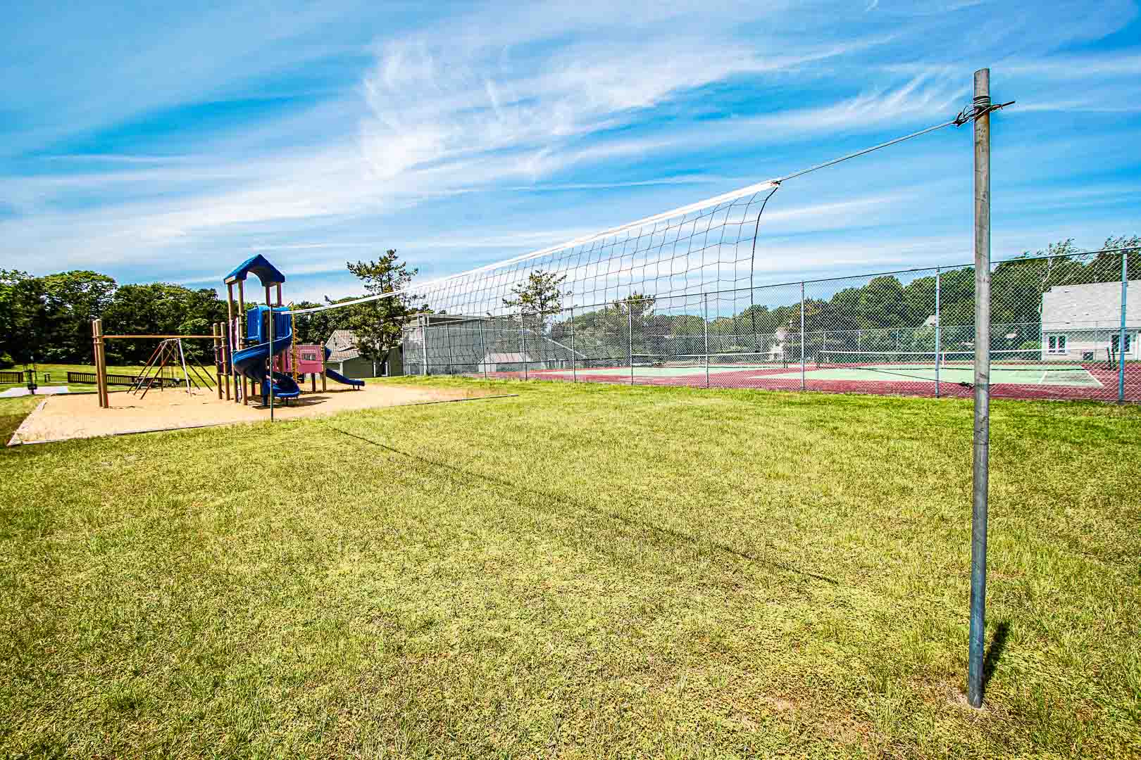 We offer outdoor amenities like volleyball at VRI's Brewster Green Resort in Massachusetts.